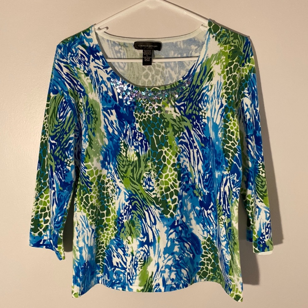 Cable & Gauge Blue and Green Sequined Scoop Neck Knit Top Artistic Style Size L